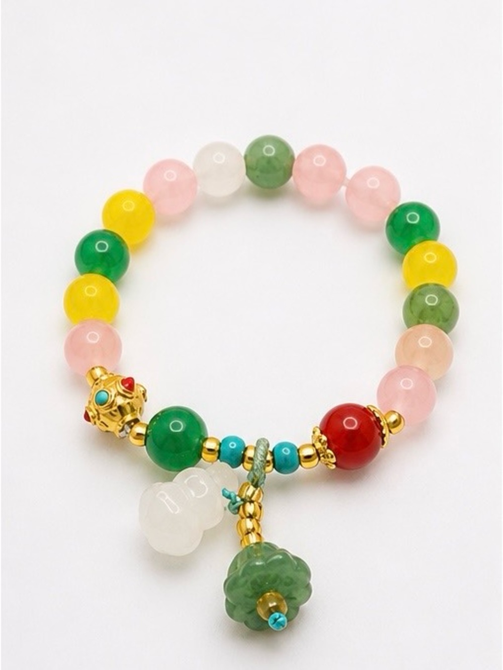 Multicolor Glass Beaded Bracelet with Charms | Gold Accent Stretch Stack